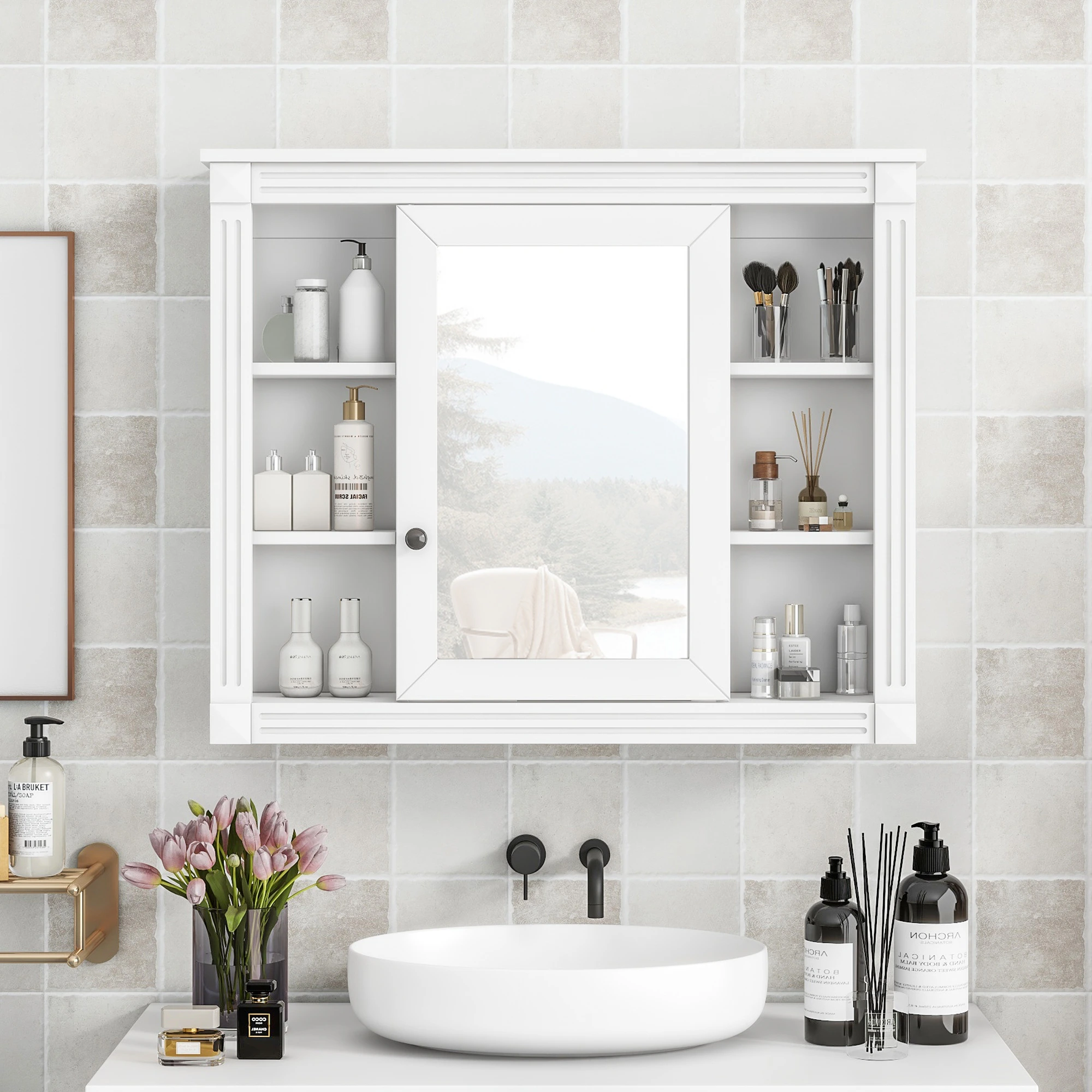35''x28''-Wall-Mounted-Bathroom-Storage-Mirror-Cabinet-with-Mirror,6-Open-Shelves