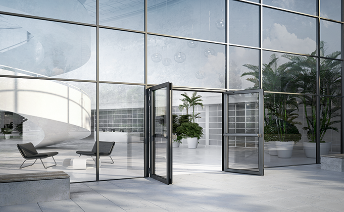 Hinged-glass-door-with-panic-hardware-on-commercial-building