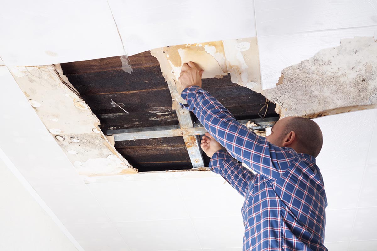 homeguide-contractor-fixing-drywall-ceiling-hole-and-collapsed-panel